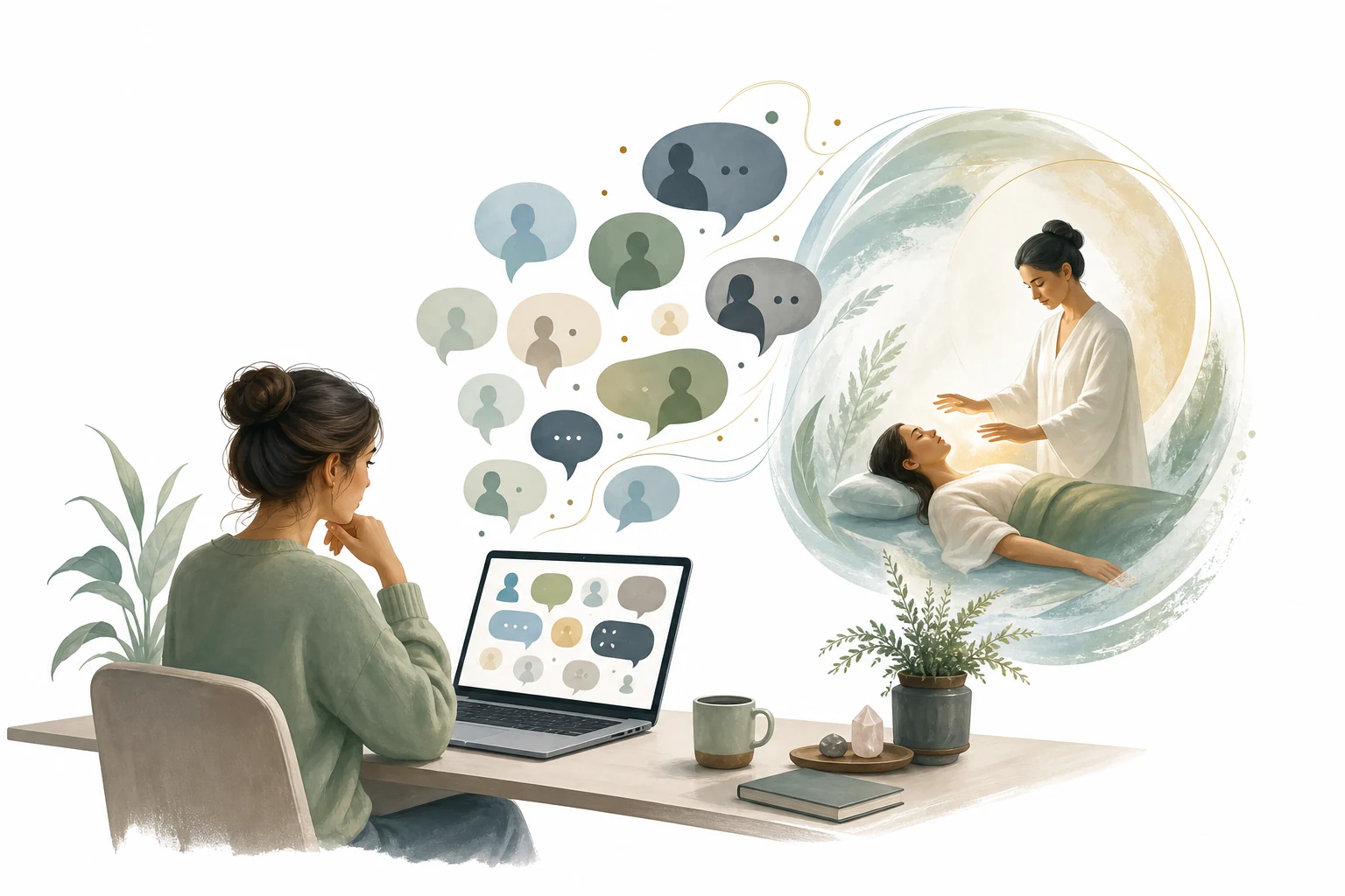 Reddit logo and Reiki hands, representing community opinions