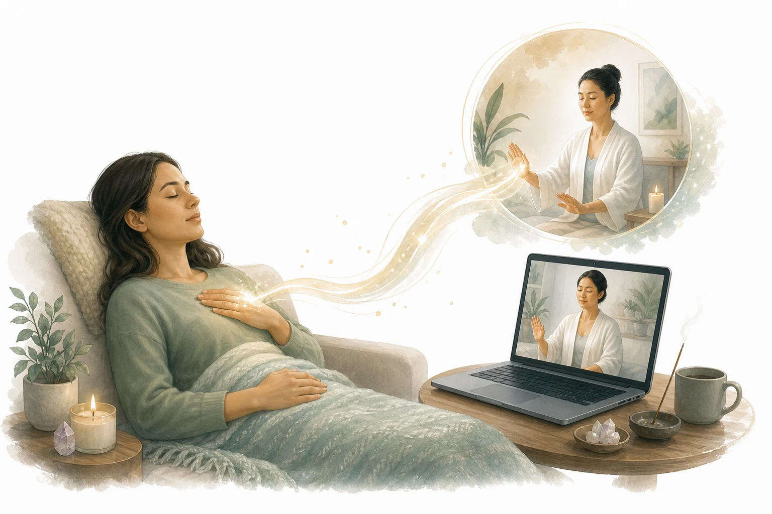 Person receiving virtual Reiki through a screen with energy flowing across distance