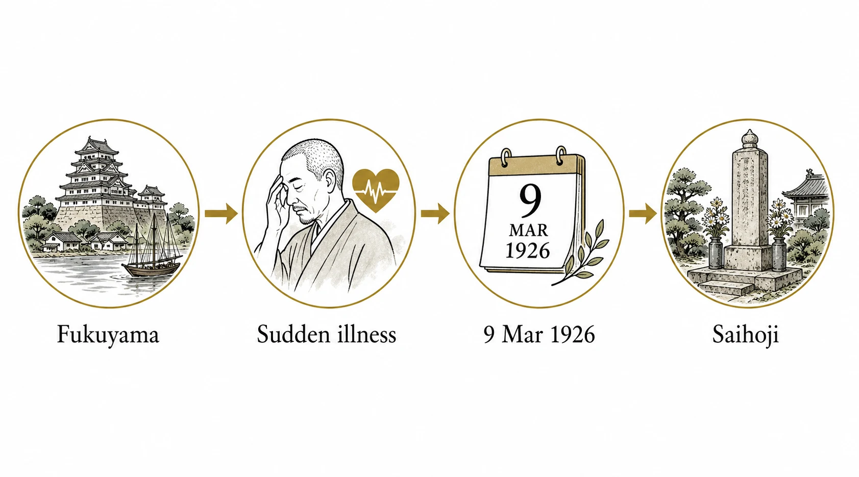 Diagram showing Usui teaching in Fukuyama, sudden illness, death, and memorial at Saihoji Temple