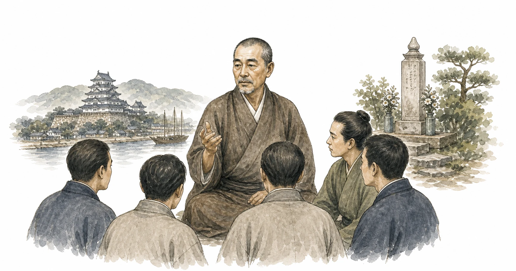 White-background illustration of Mikao Usui's final teaching trip and memorial timeline