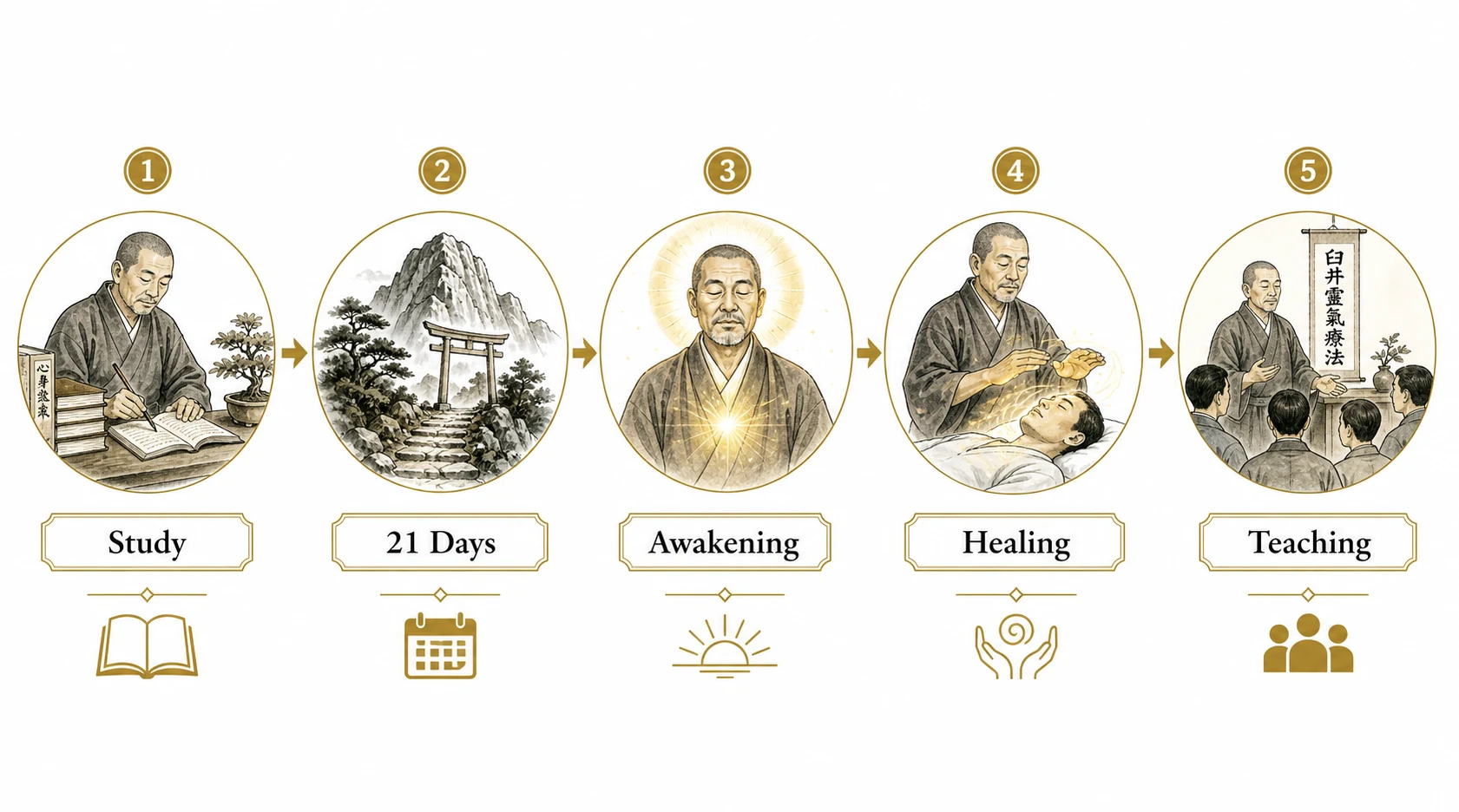 Diagram showing study, Mount Kurama retreat, awakening, healing, and teaching