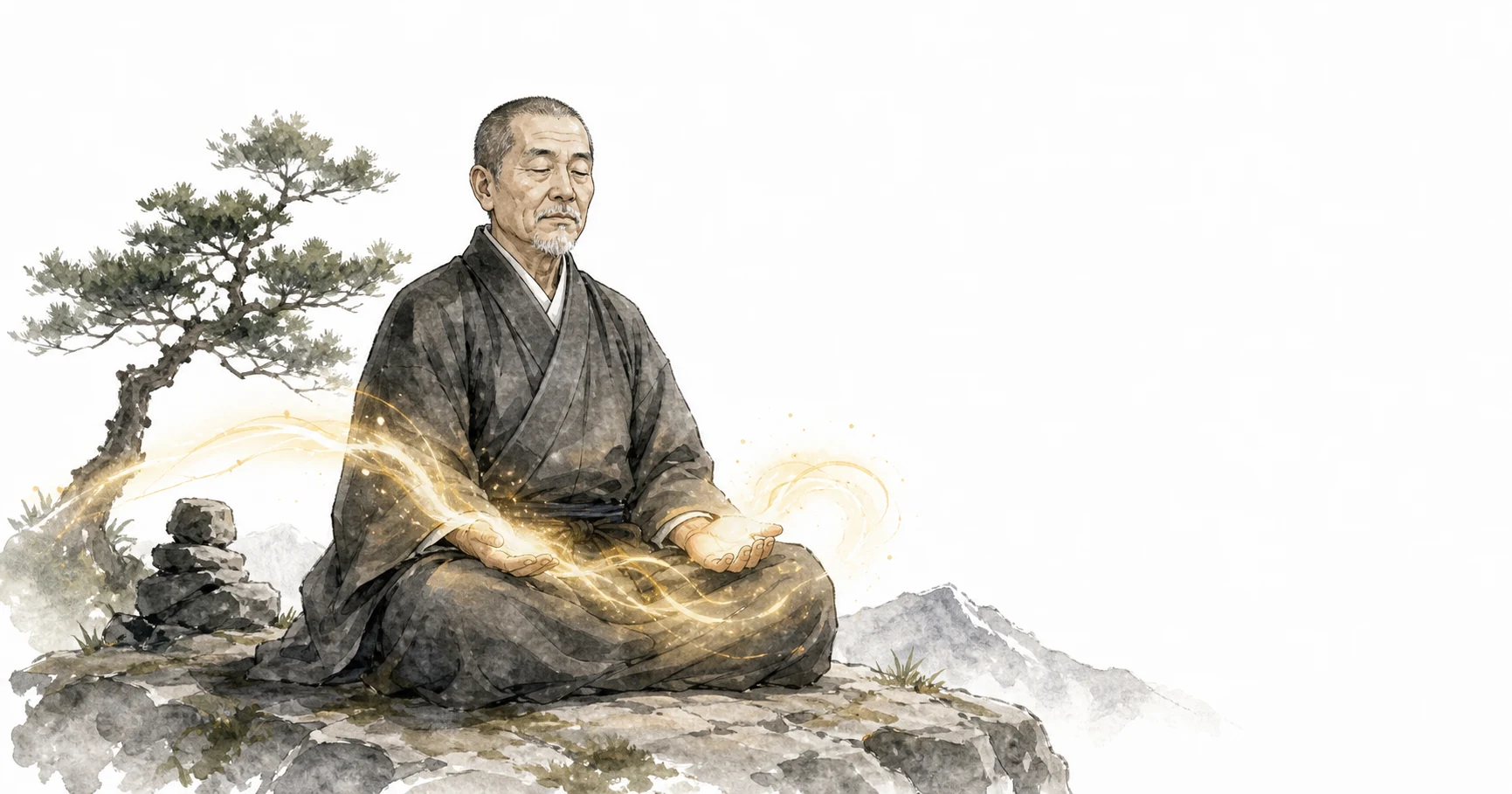 Mikao Usui meditating on Mount Kurama as Reiki energy begins to flow through his hands
