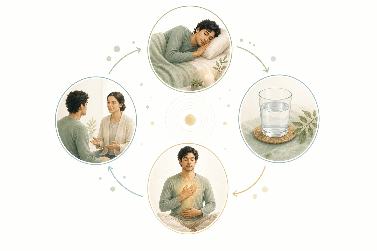 Circle diagram: self-Reiki, rest, hydrate, eat light, journal, be gentle