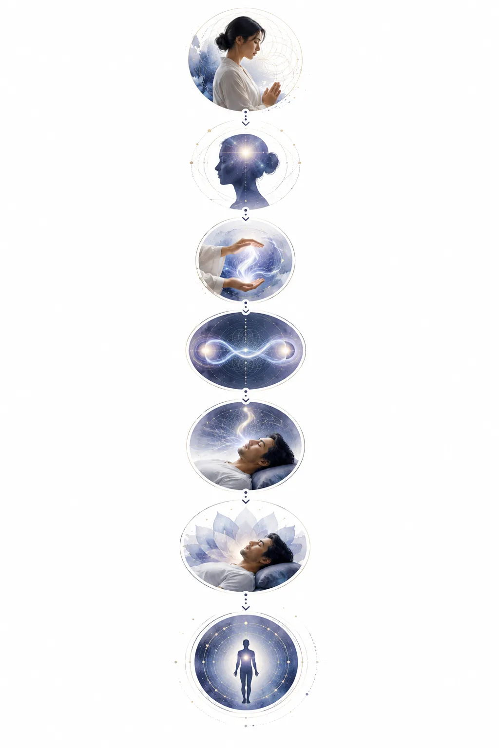 Diagram showing practitioner and recipient connected by energy across distance, with Hon Sha Ze Sho Nen symbol