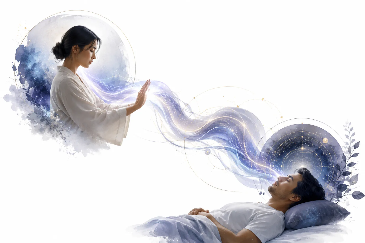 Two people connected by flowing energy across a distance, representing distance Reiki