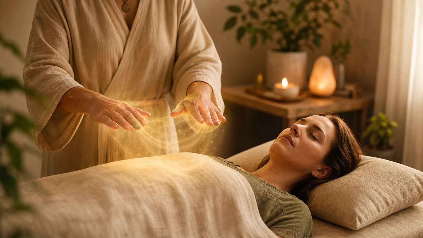 Energy flowing through practitioner's hands to recipient, representing how Reiki works