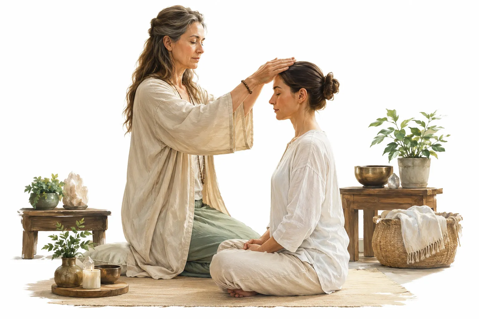 Reiki master performing an attunement ceremony with gentle hands