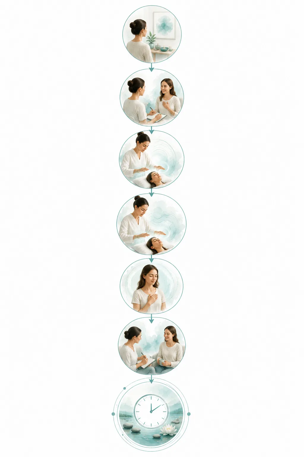 Pie chart: Intake (10%), Reiki Treatment (75%), Aftercare (15%) for 60-minute session