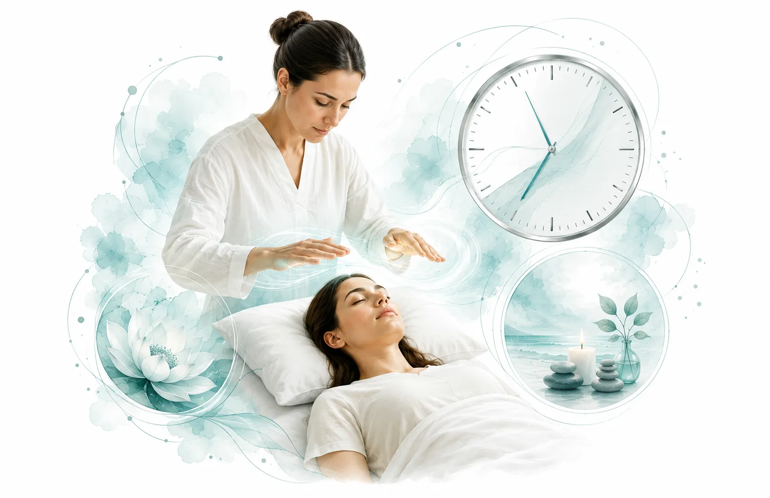 Clock showing 60 minutes with Reiki session in background, representing typical session length