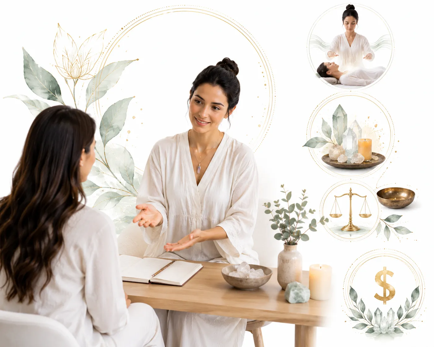 Price tags showing $50, $75, $100, $150 with a Reiki session in background