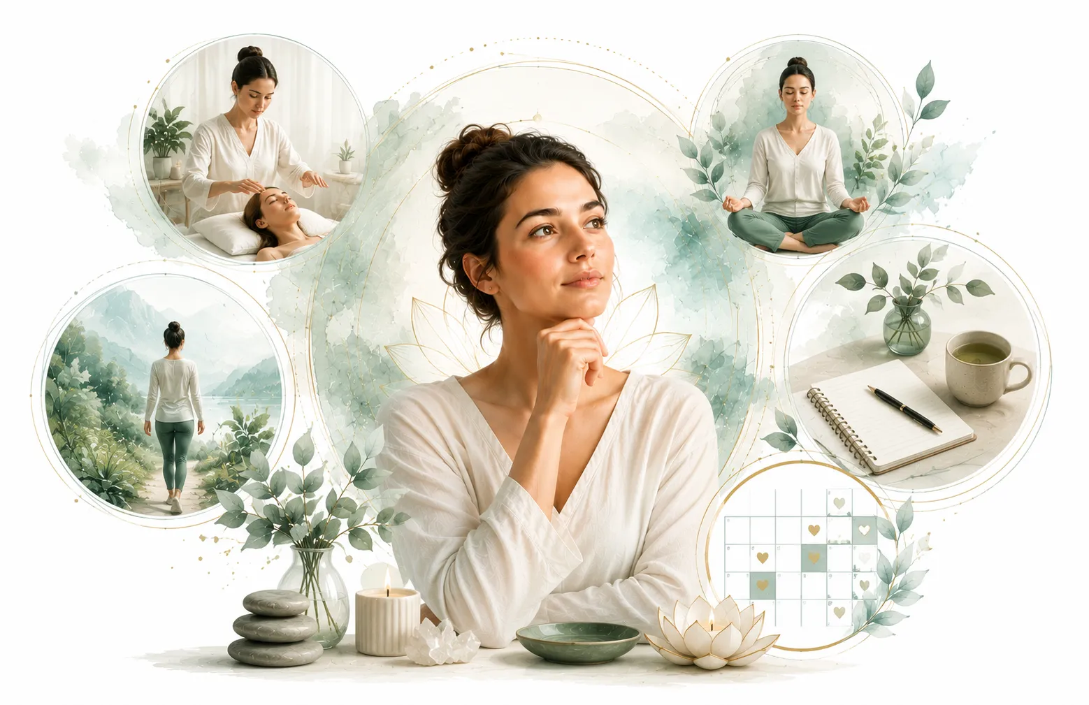 Calendar with Reiki session markers showing weekly, monthly, and daily self-practice