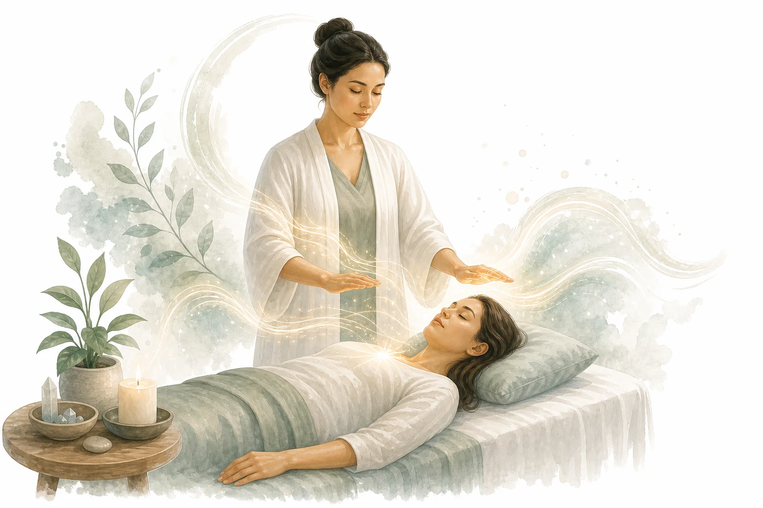 Practitioner hands in standard Reiki hand positions on a recipient