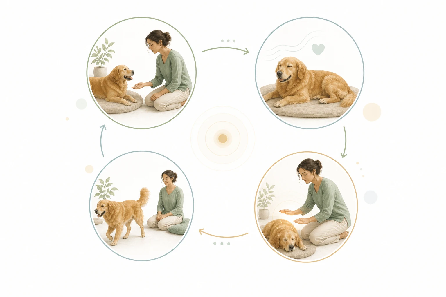 Dog body outline with hand positions: head, spine, hips