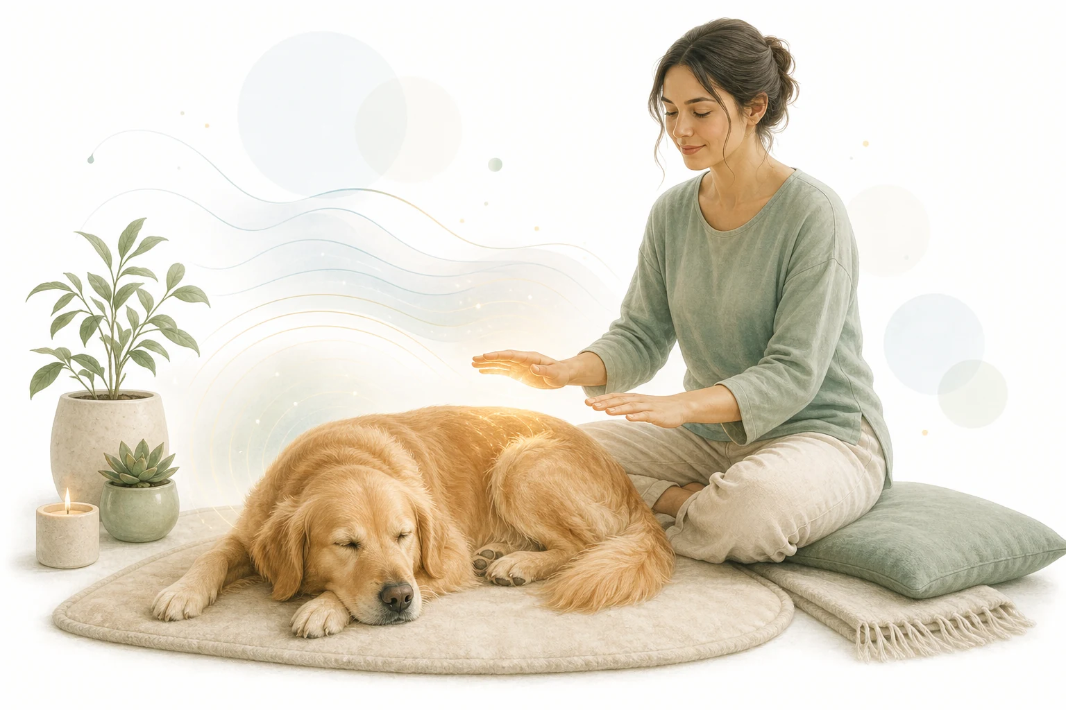 Gentle hands hovering near a calm dog receiving Reiki