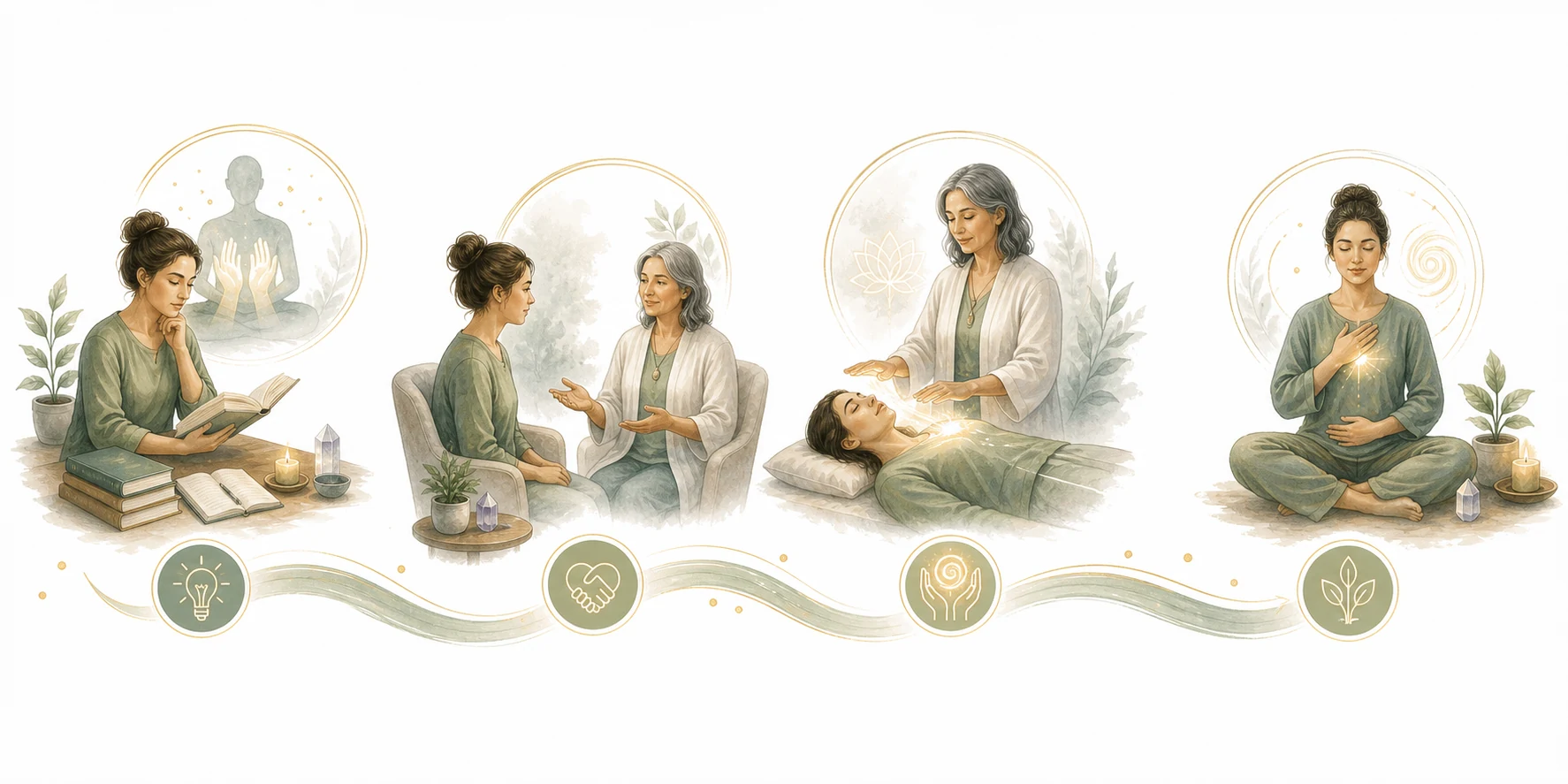 Flow diagram: Find teacher to Level 1 to attunement to practice to advanced levels