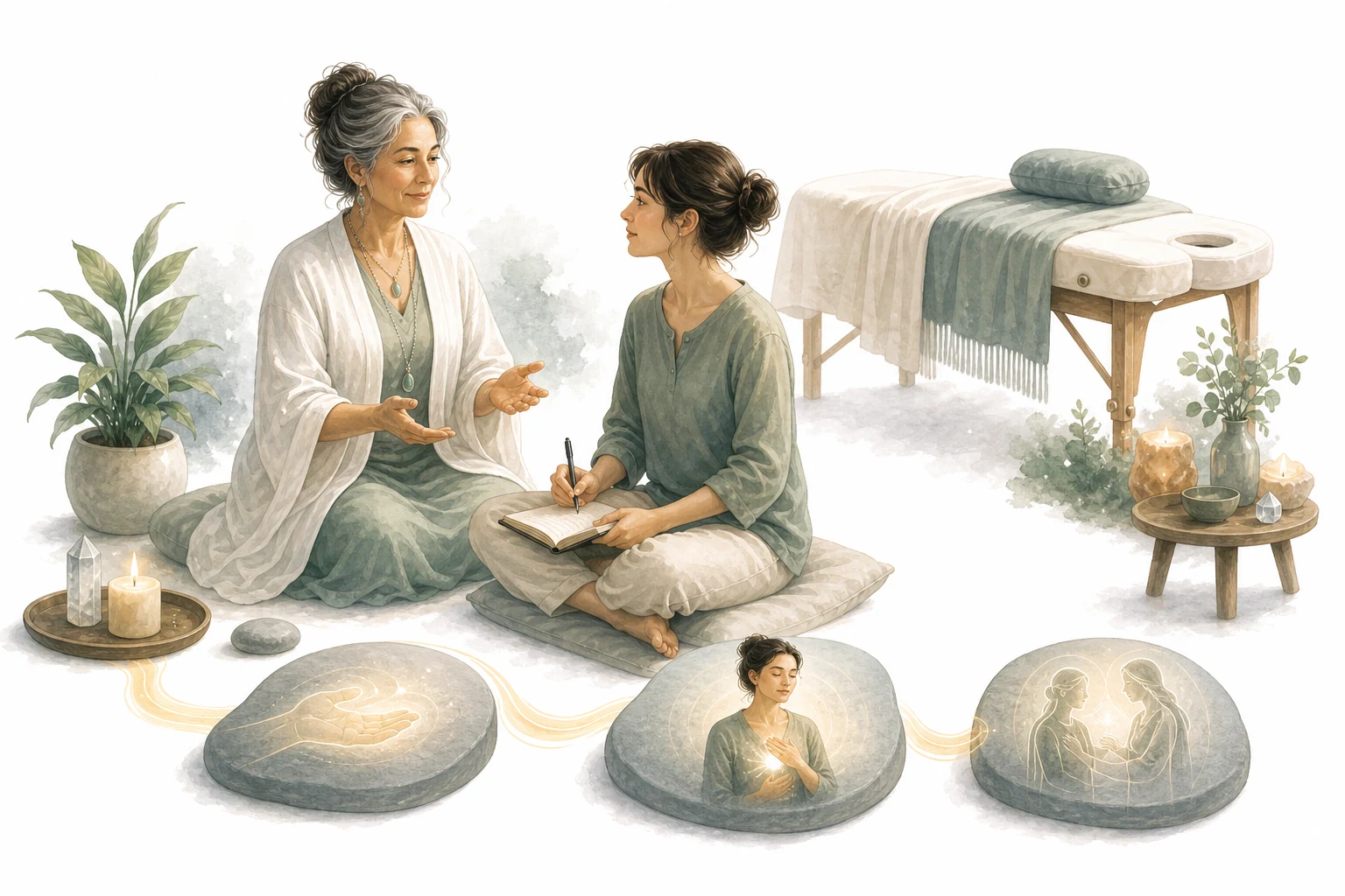 Person learning Reiki from a teacher, representing the training process