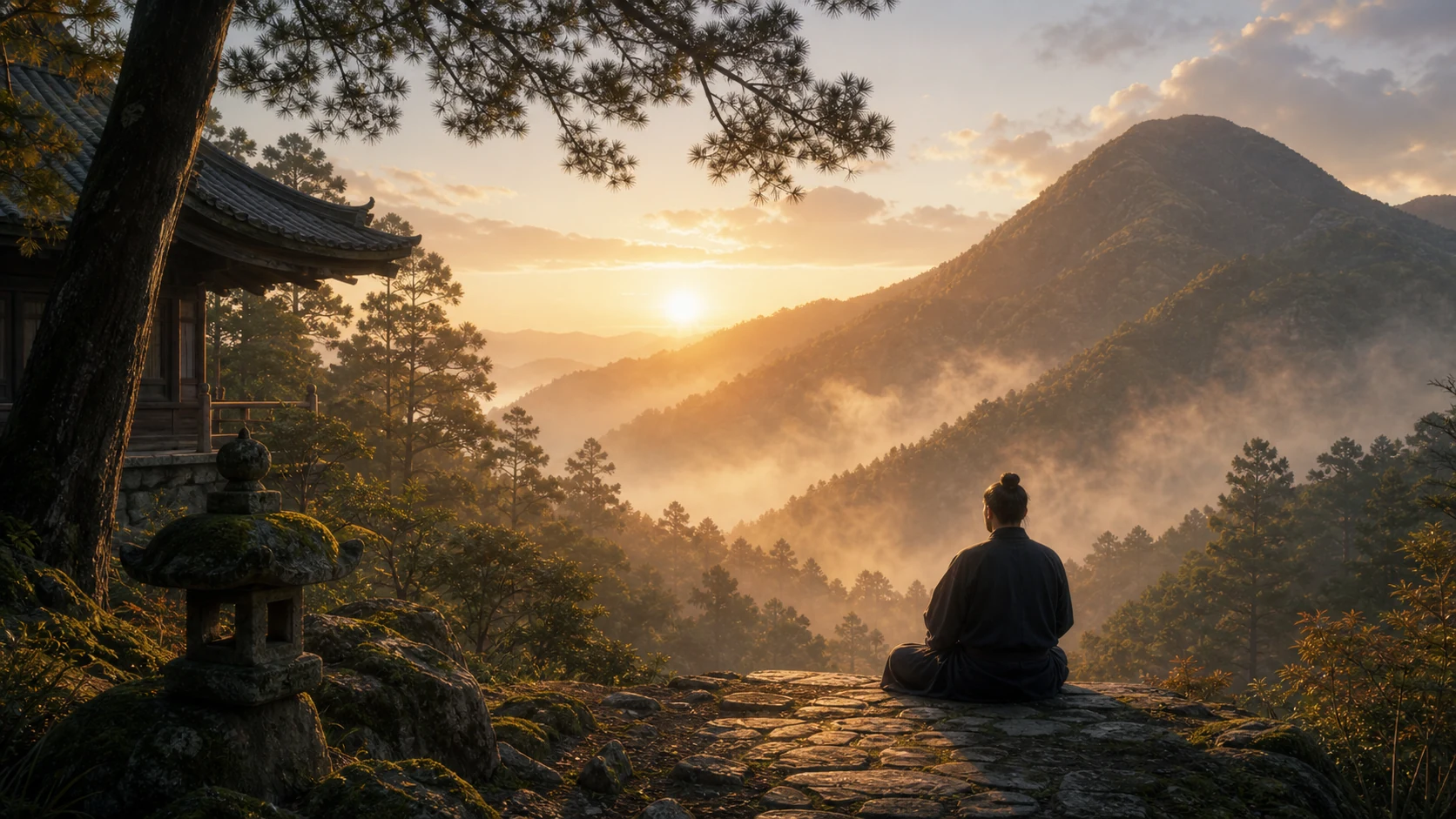 Person meditating on a mountain at sunrise, representing Usui's practice