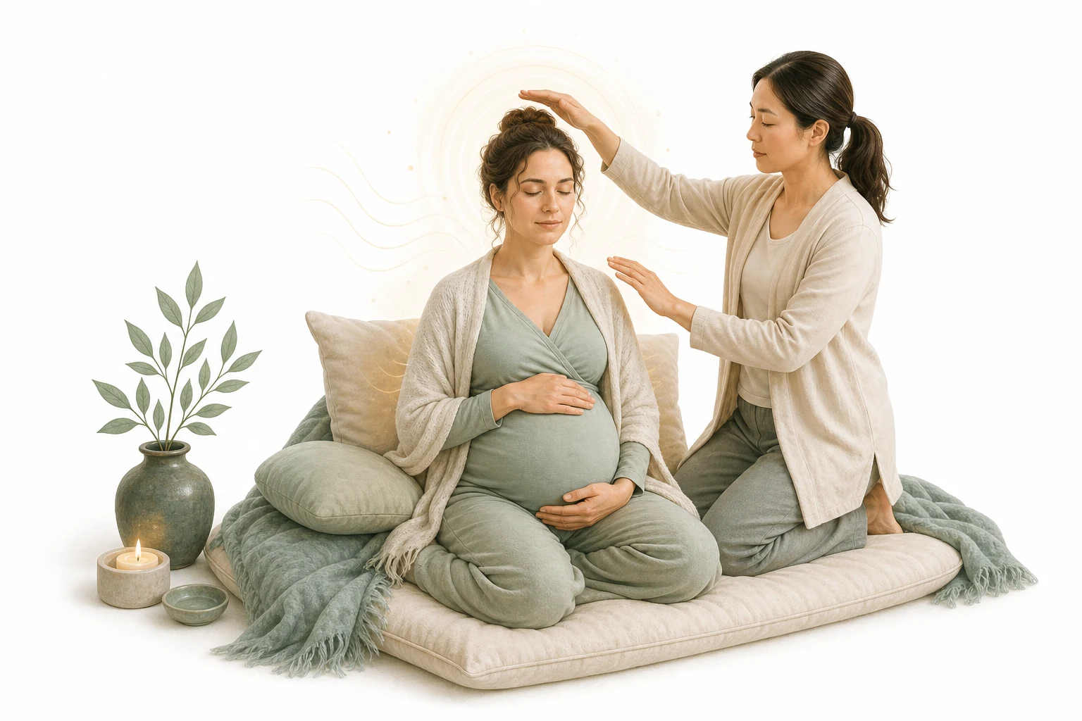 Pregnant woman and Reiki hands, representing pregnancy and attunement safety