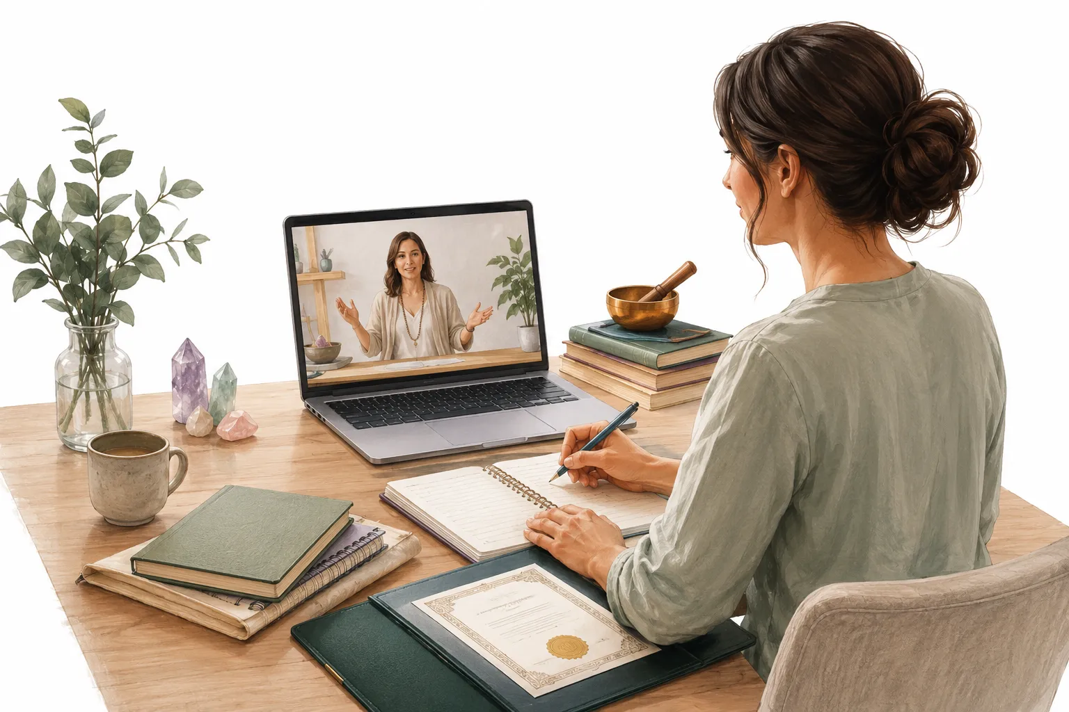 Computer screen with Reiki certification and hands, representing online training
