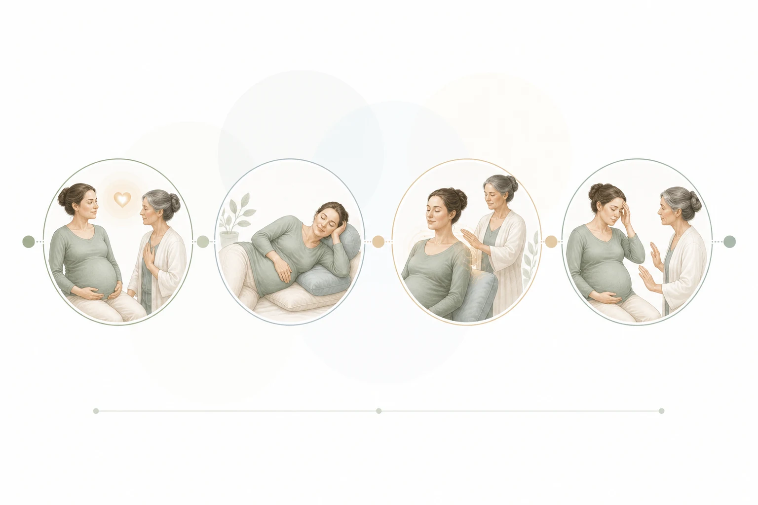 Pregnancy safety diagram showing safe hand positions by trimester