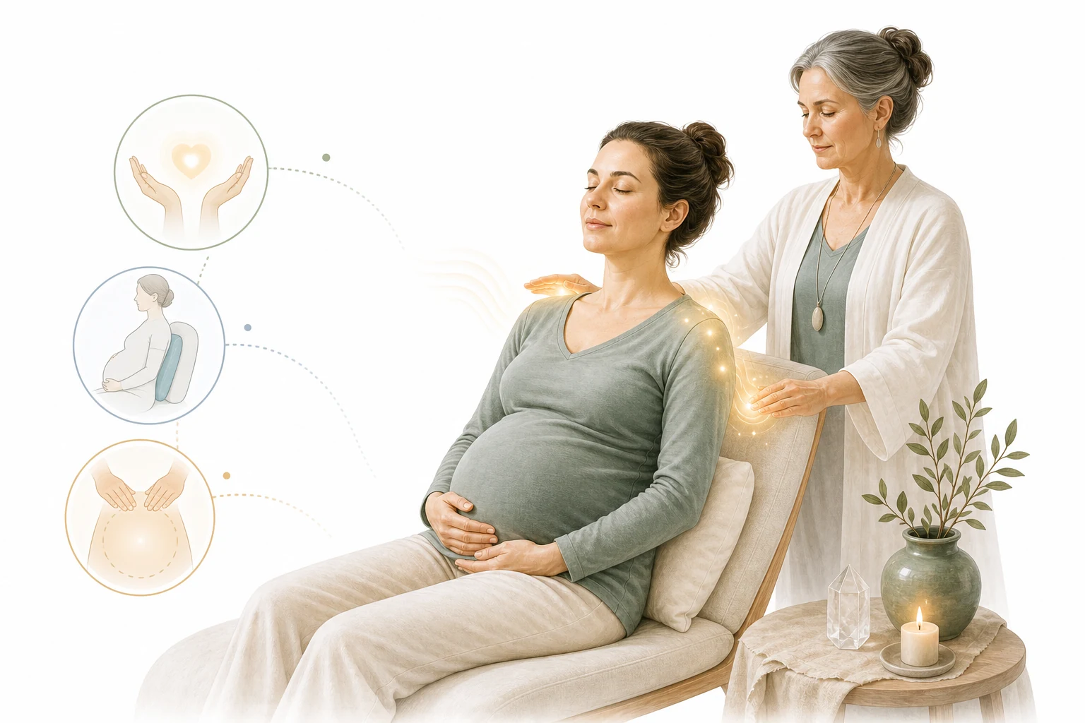 Pregnant woman receiving gentle Reiki hands on shoulder and head