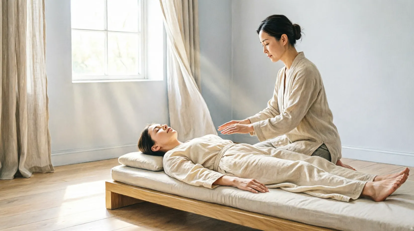 A person looking thoughtful and skeptical, considering Reiki with an open mind