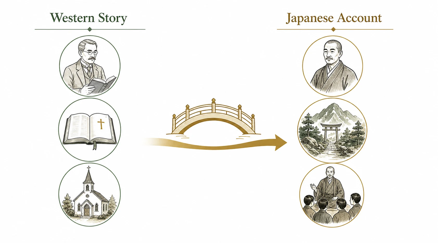 Comparison diagram of Christian professor story and Japanese Buddhist historical account of Usui