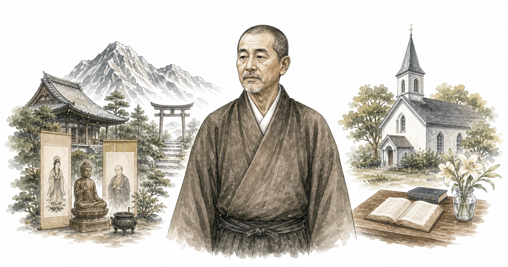 White-background illustration comparing the Western Christian Usui story with Japanese Buddhist historical context
