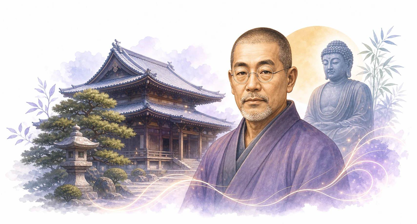 Vintage-style illustration of Mikao Usui as a family man in Meiji-era Japan