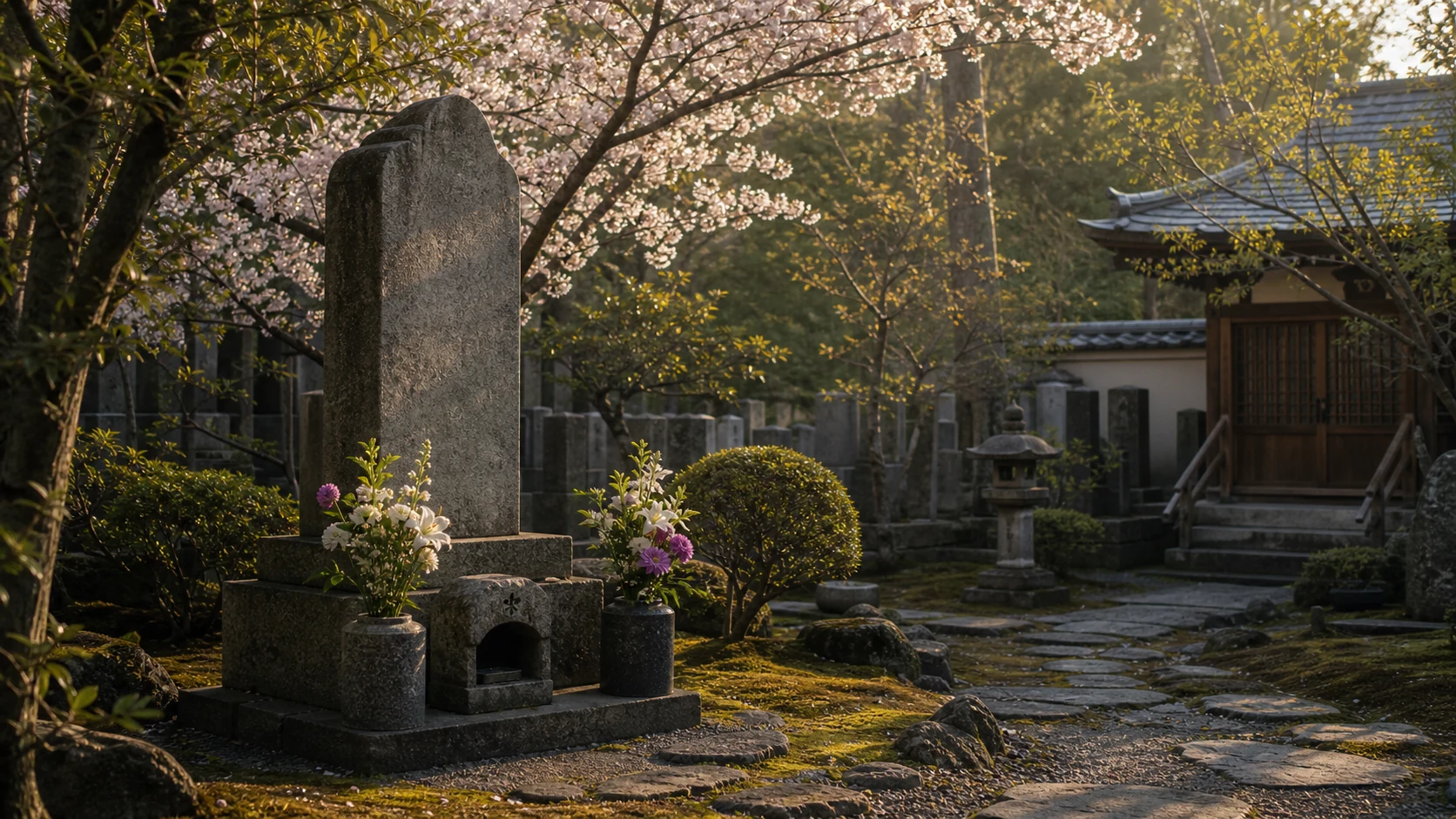 Quiet Japanese temple scene with memorial stone, representing Usui's final resting place