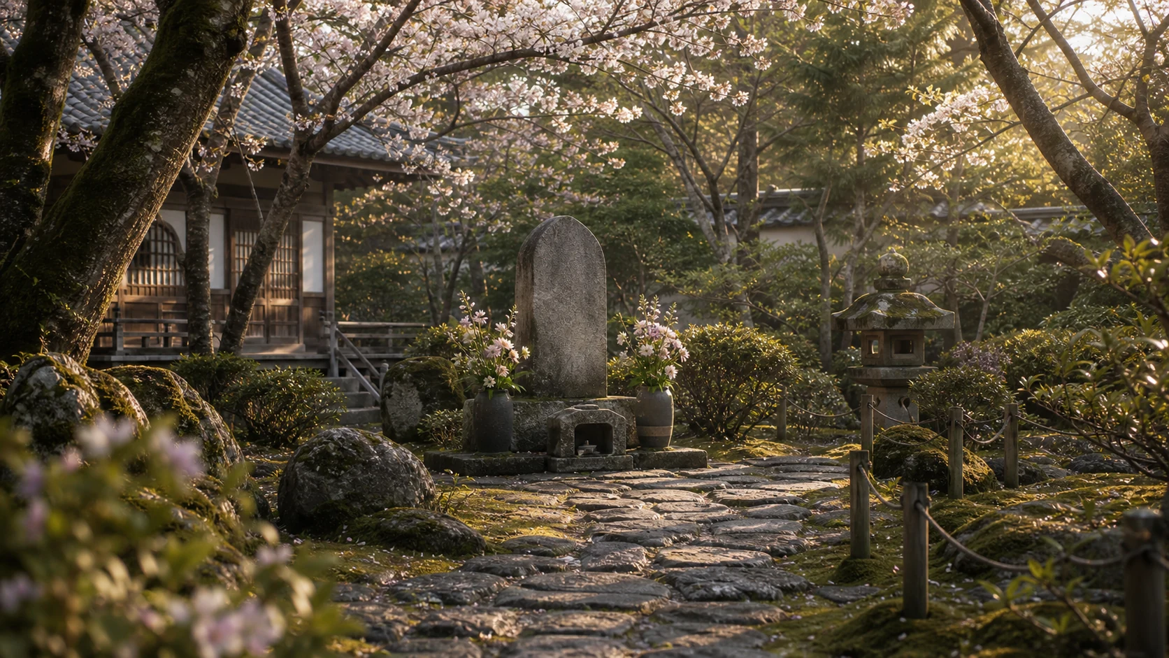 Peaceful garden at Saihoji Temple with the Usui memorial stone visible