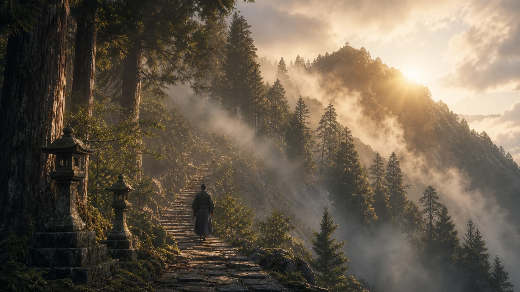 Dramatic illustration of Mount Kurama with a path leading up through mist, representing Usui's spiritual journey