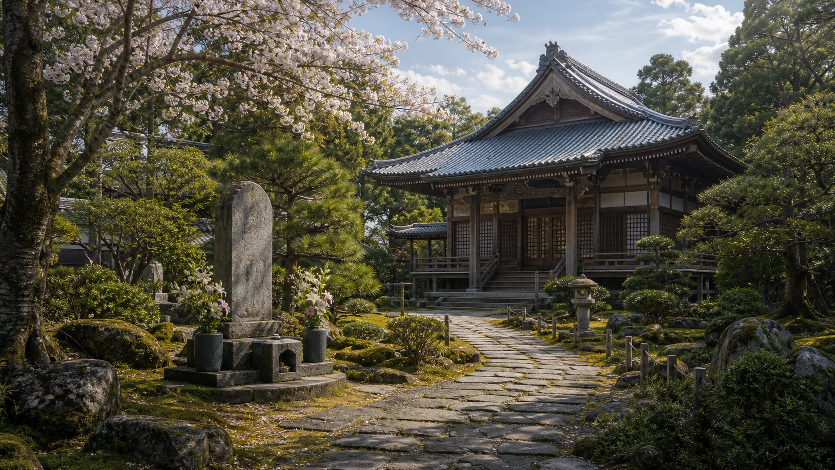 Peaceful garden at Saihoji Temple in Tokyo with the Usui memorial stone visible