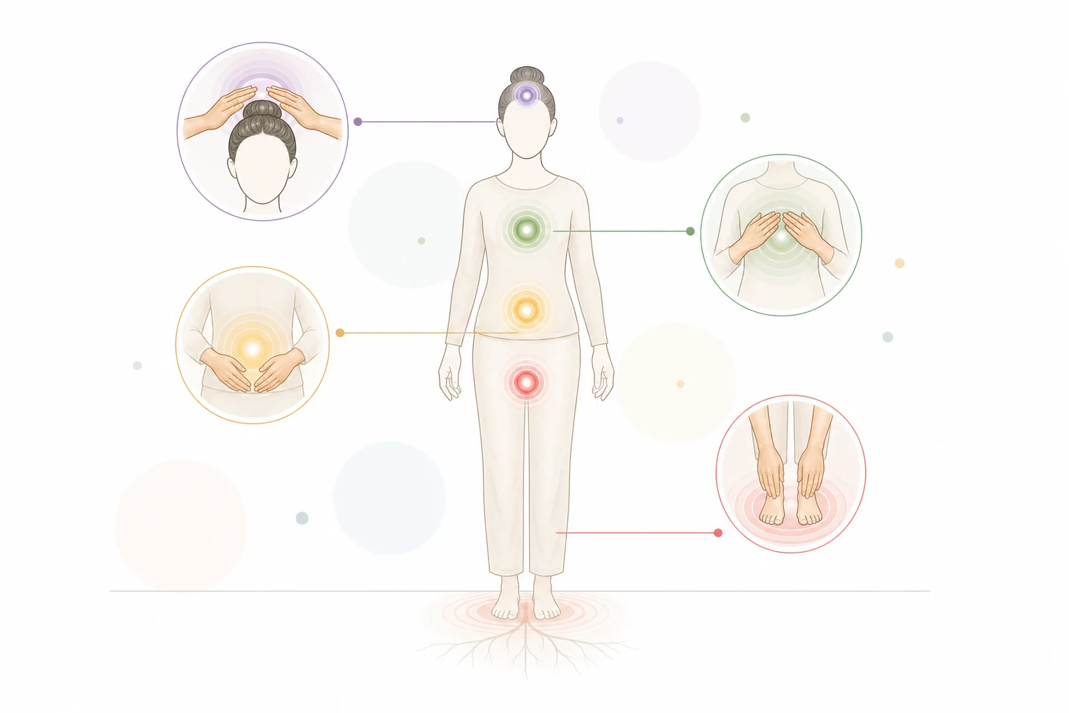 Body outline with seven chakras and hand positions