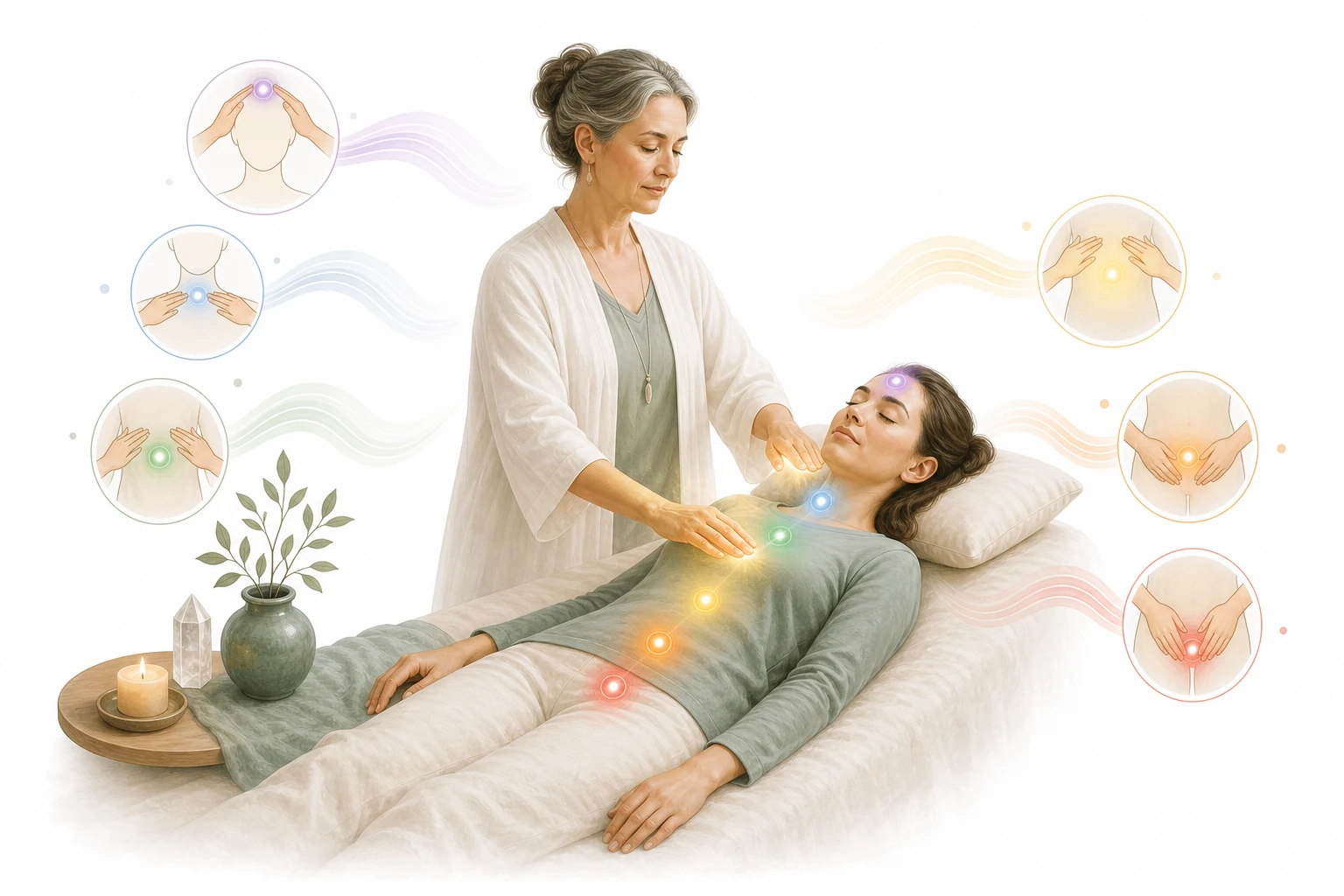 Body outline with chakras and corresponding hand positions