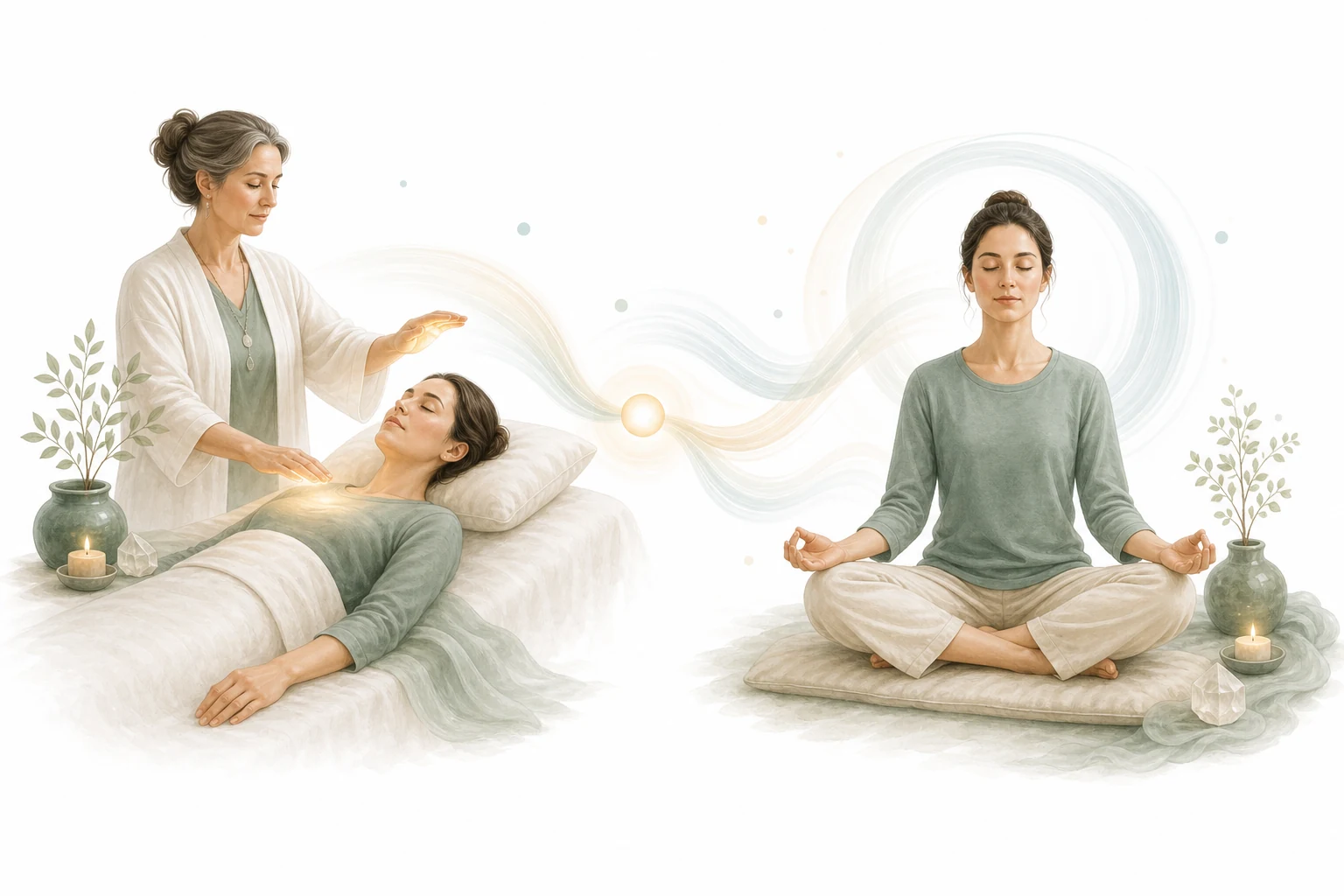 Two-panel comparison: Reiki hands vs meditation pose