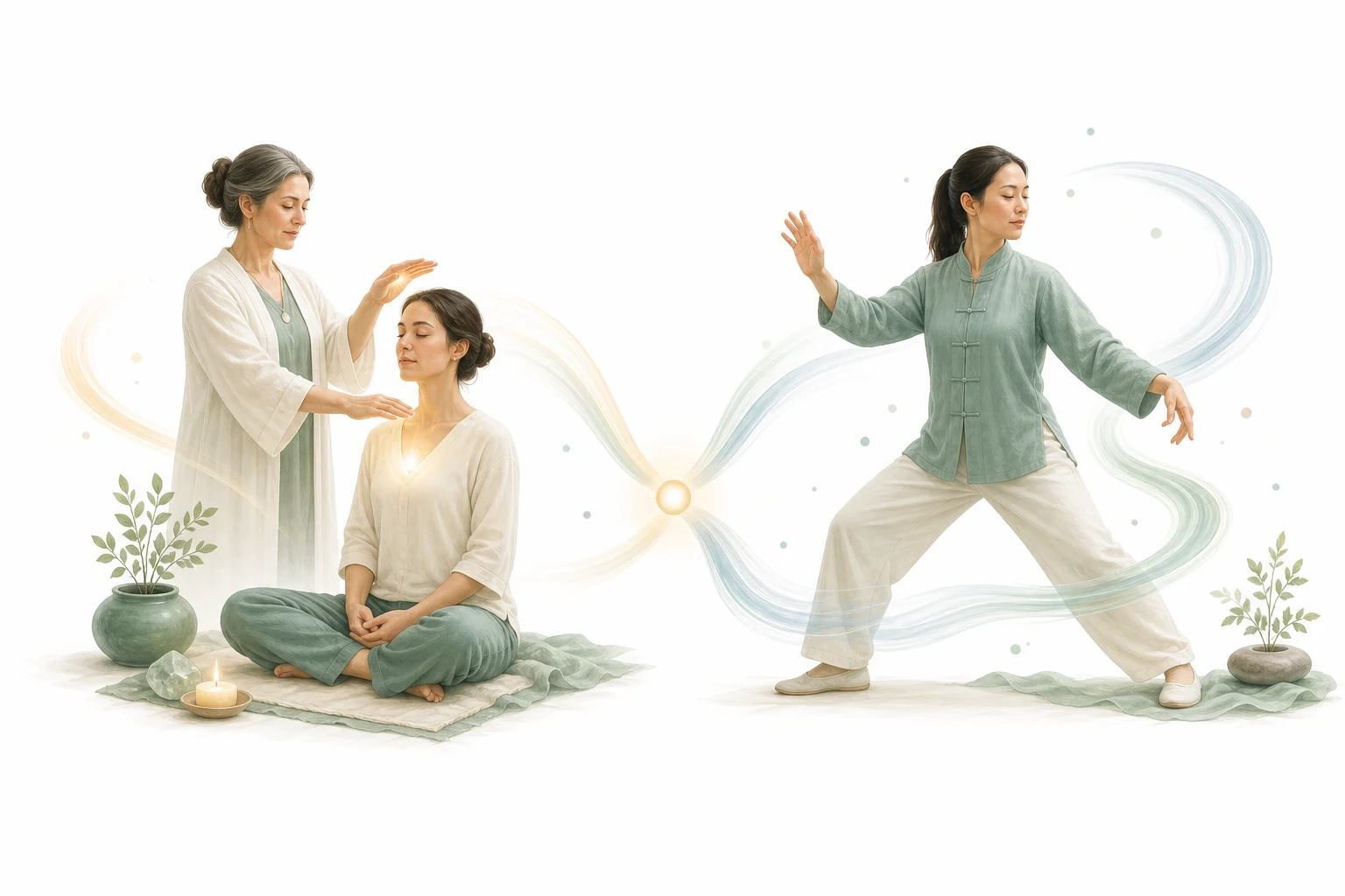 Two-panel comparison: Reiki hands vs qigong movement