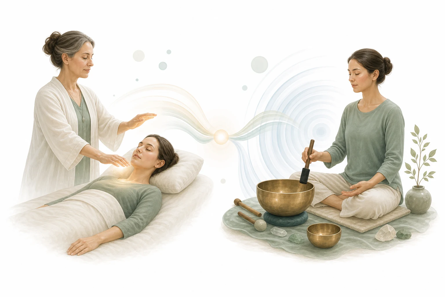 Two-panel comparison: Reiki hands vs sound healing instruments