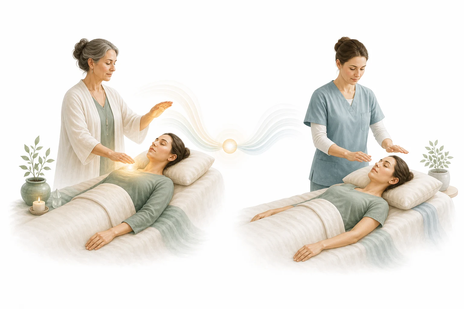 Two-panel comparison: Reiki hands vs Therapeutic Touch hands