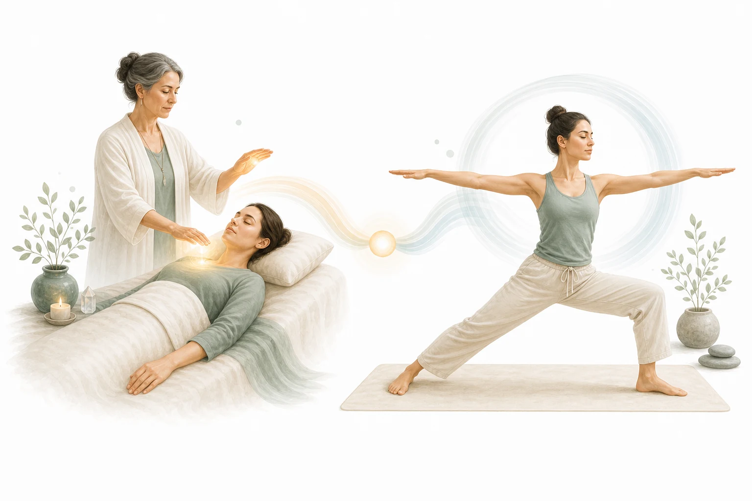 Two-panel comparison: Reiki hands vs yoga pose