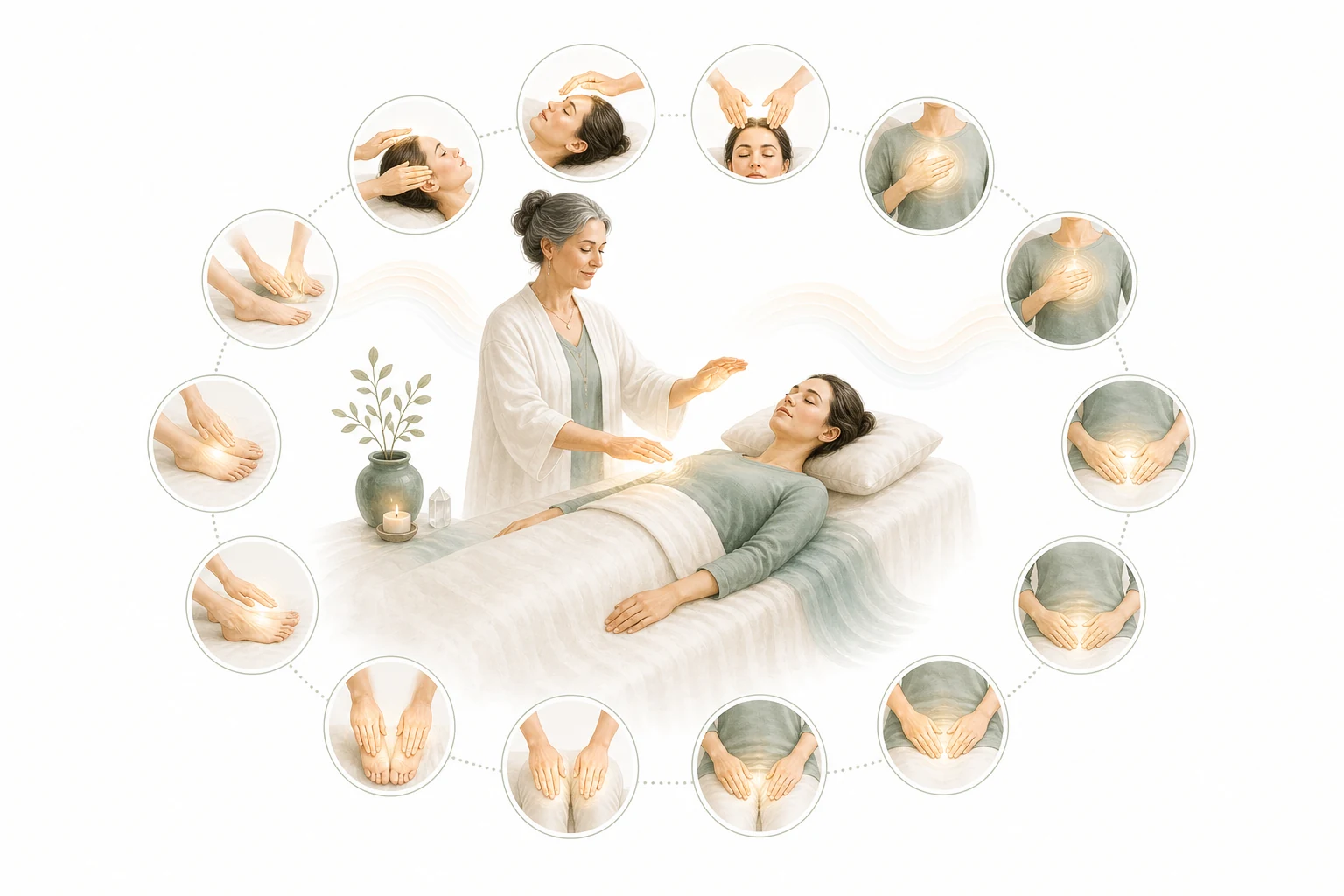 Body outline with the 12 standard Reiki hand positions