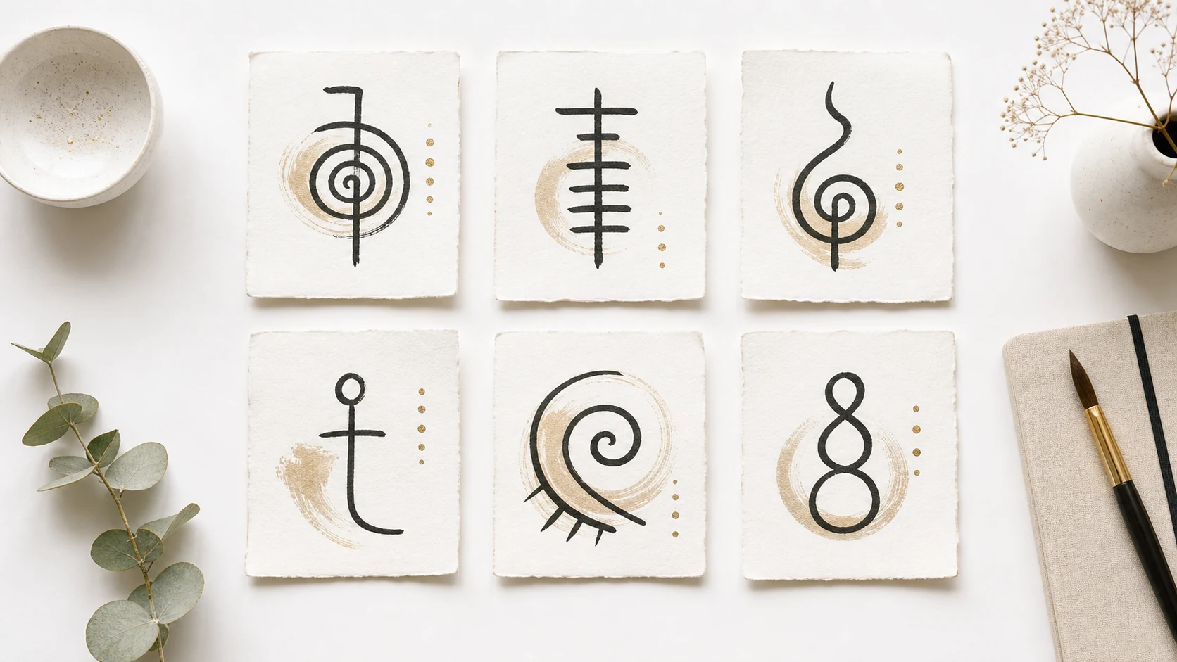 Six Reiki symbols from different traditions displayed together