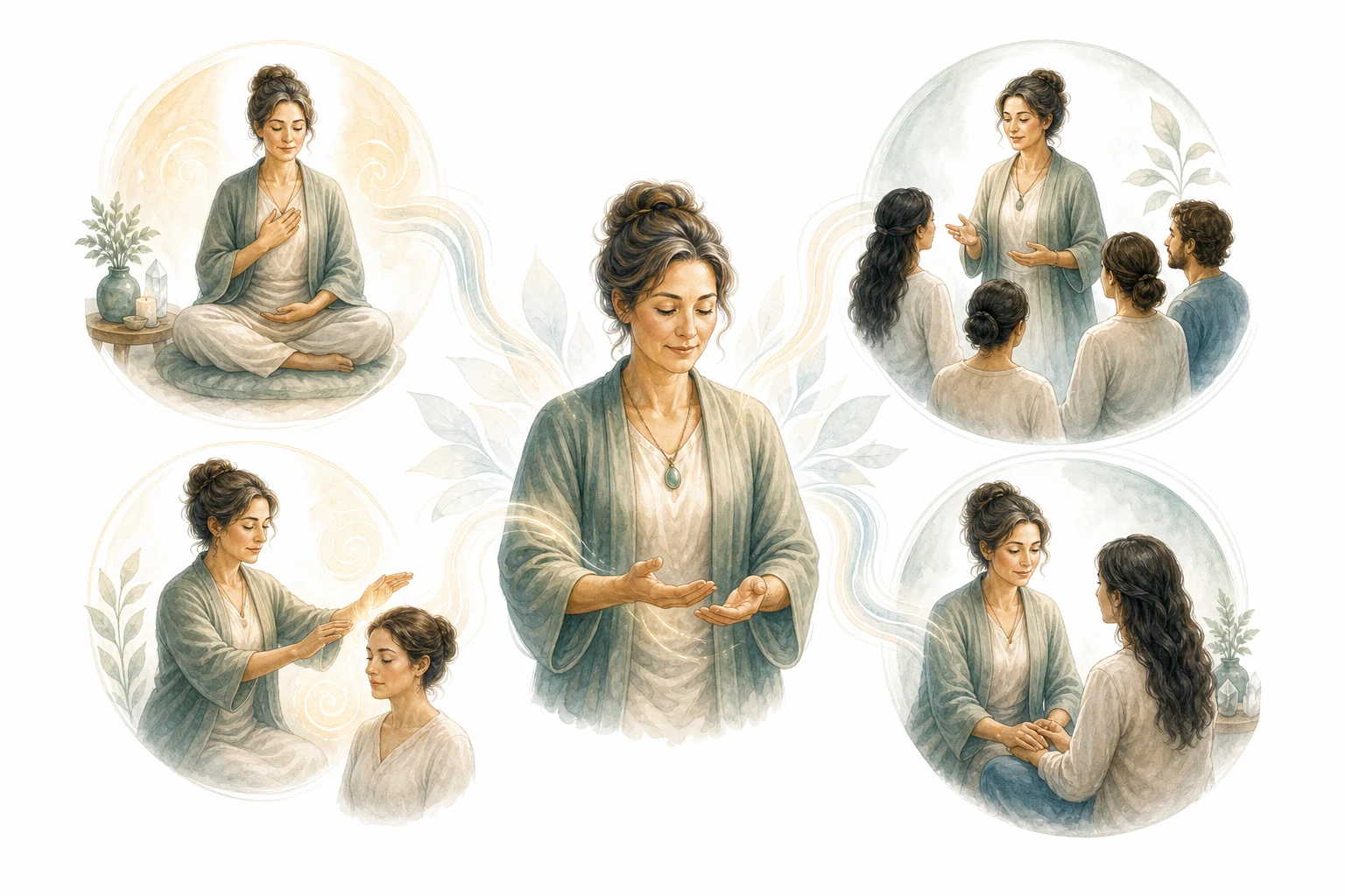 Circle diagram: teach, give attunements, hold lineage, practice, spiritual development
