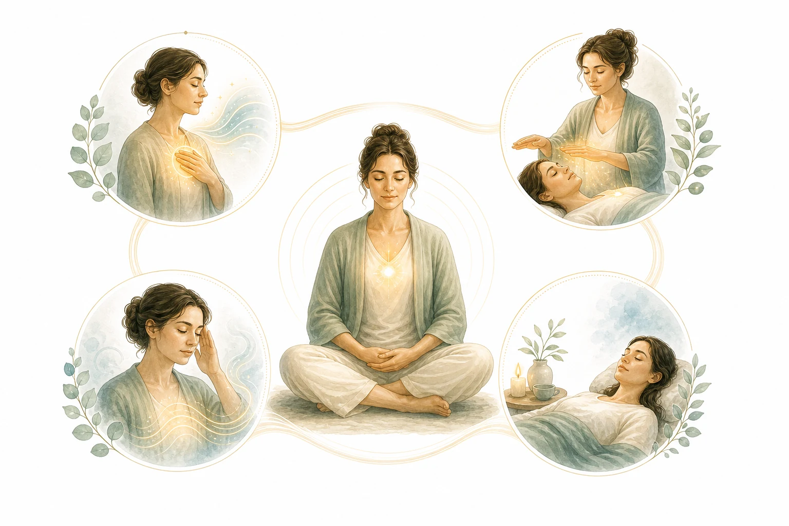 Circle diagram: channel energy, relax, heal, connect, be present, allow