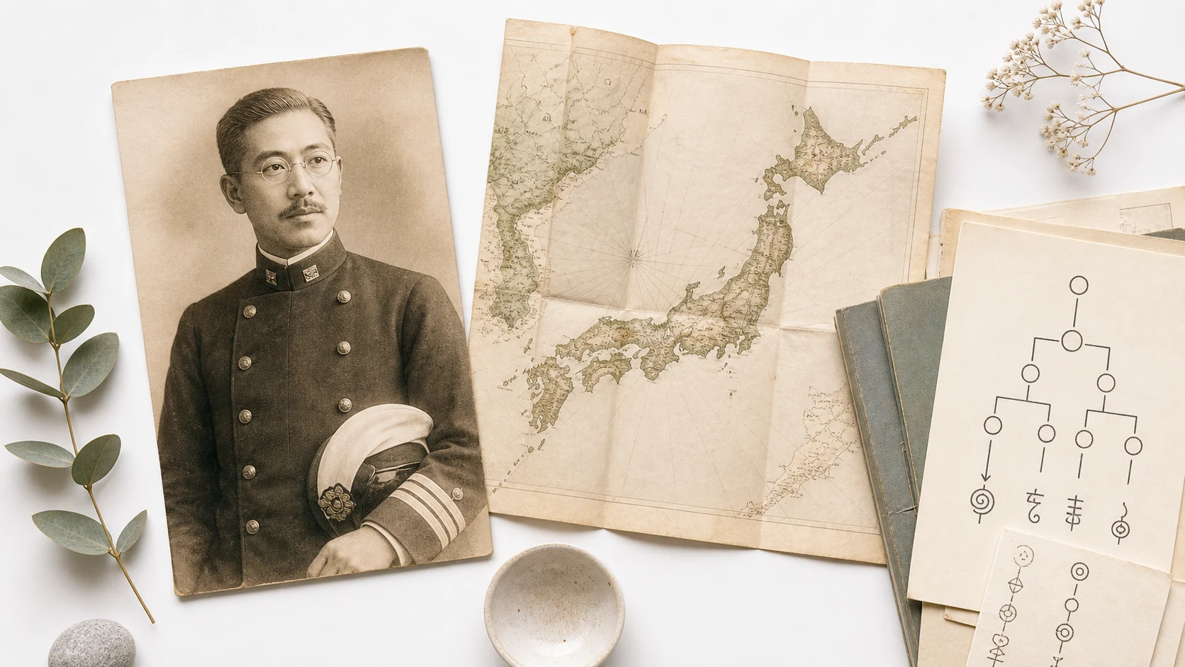 Vintage Japanese flag and naval imagery with a portrait of Hayashi