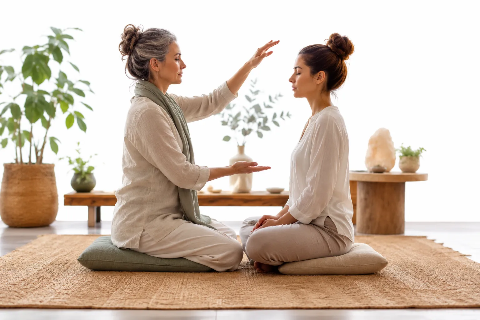 Reiki master performing an attunement ceremony with glowing energy