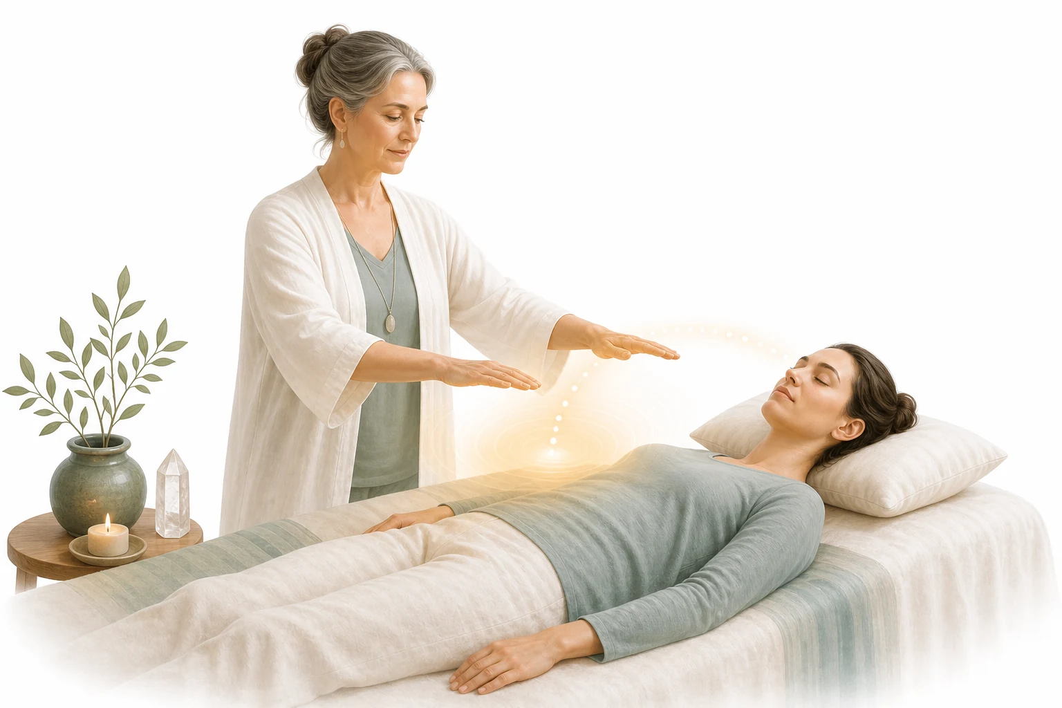 Practitioner scanning the body with hovering hands