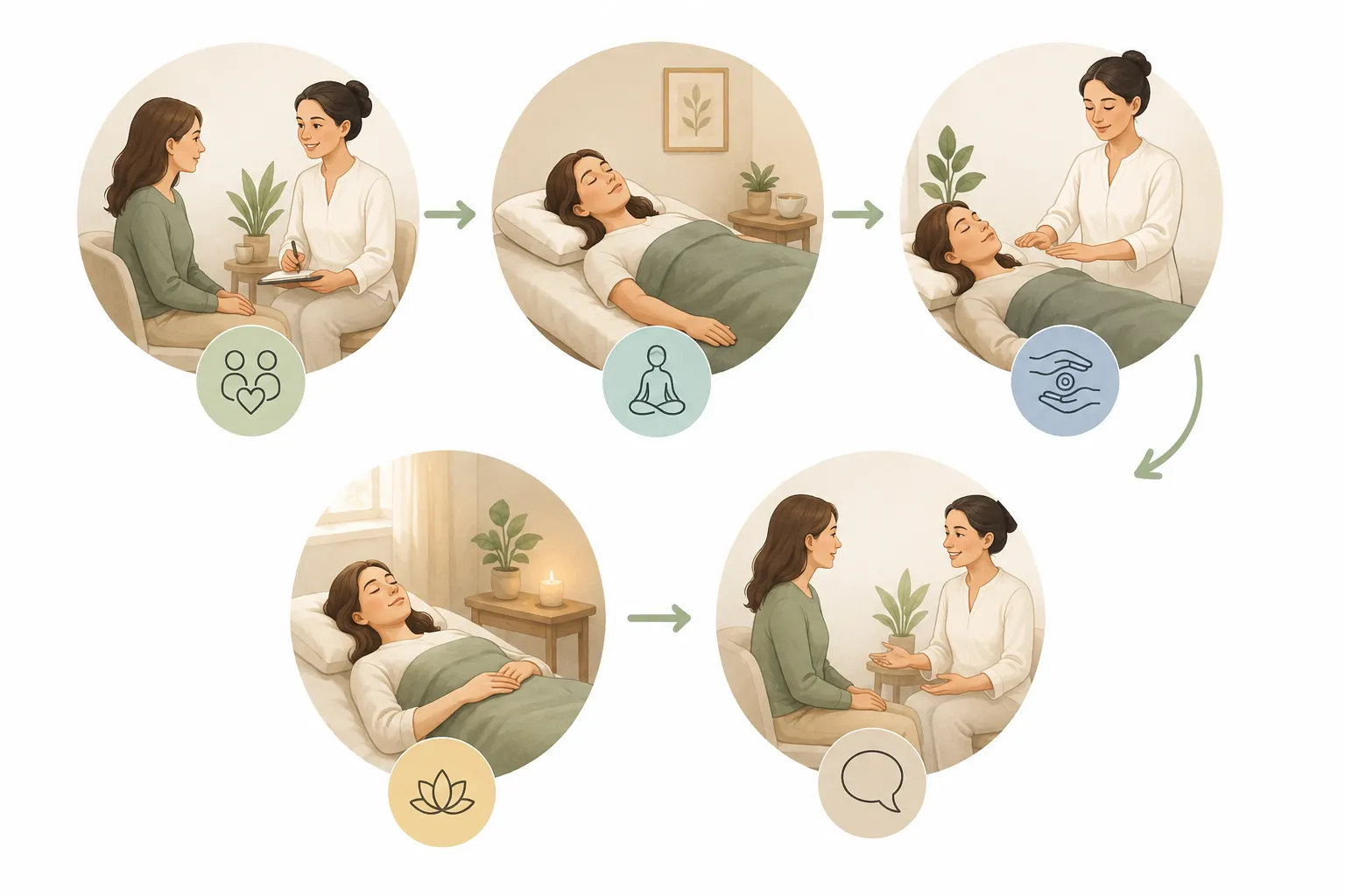 Diagram showing Reiki healing: Japanese origin, hands-on, relaxation, complementary therapy