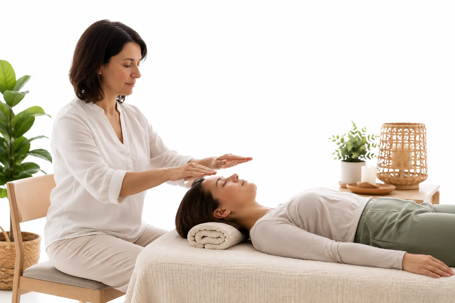 Gentle hands in a healing position with warm golden light