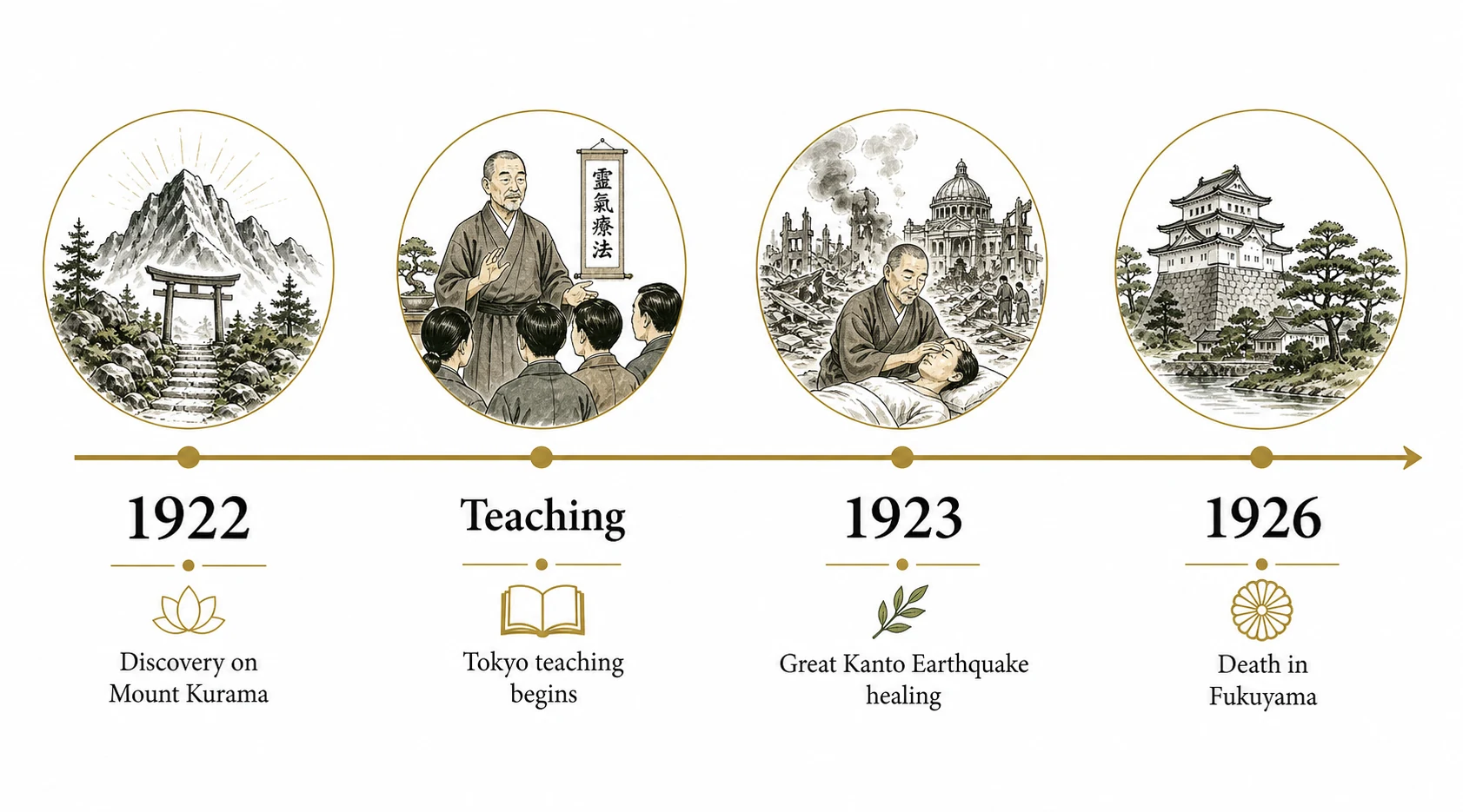 Timeline from 1922 discovery to 1926 death with key Reiki events